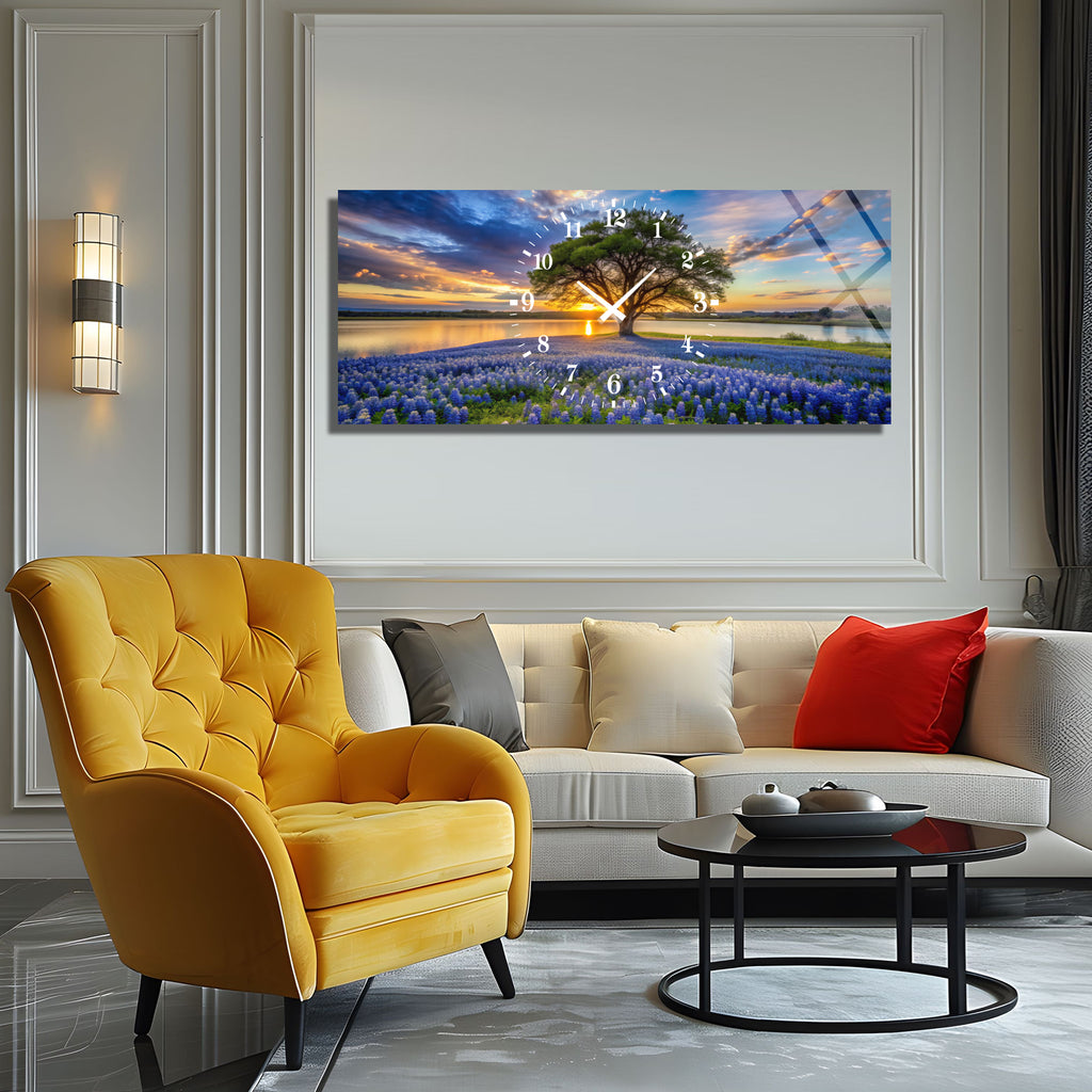 Manzara Temalı Temperli Cam Duvar Saati – Altın Detaylı Modern Tasarım, Büyük Boy Duvar Dekoru (Kopya)