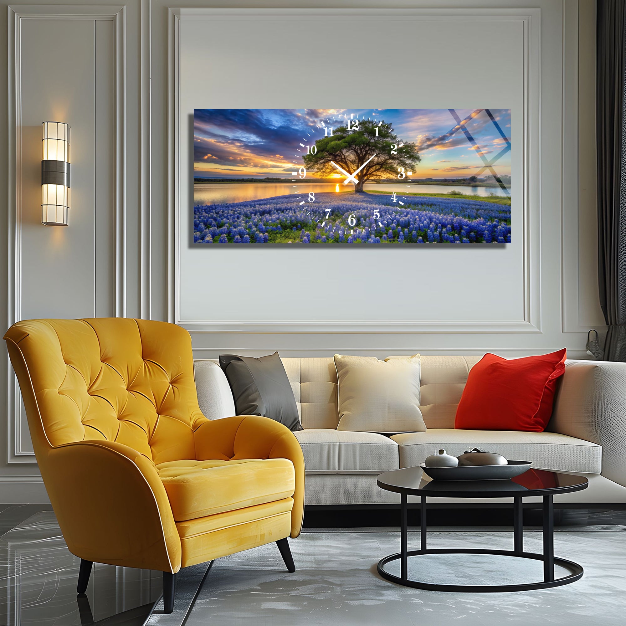 Manzara Temalı Temperli Cam Duvar Saati – Altın Detaylı Modern Tasarım, Büyük Boy Duvar Dekoru (Kopya)