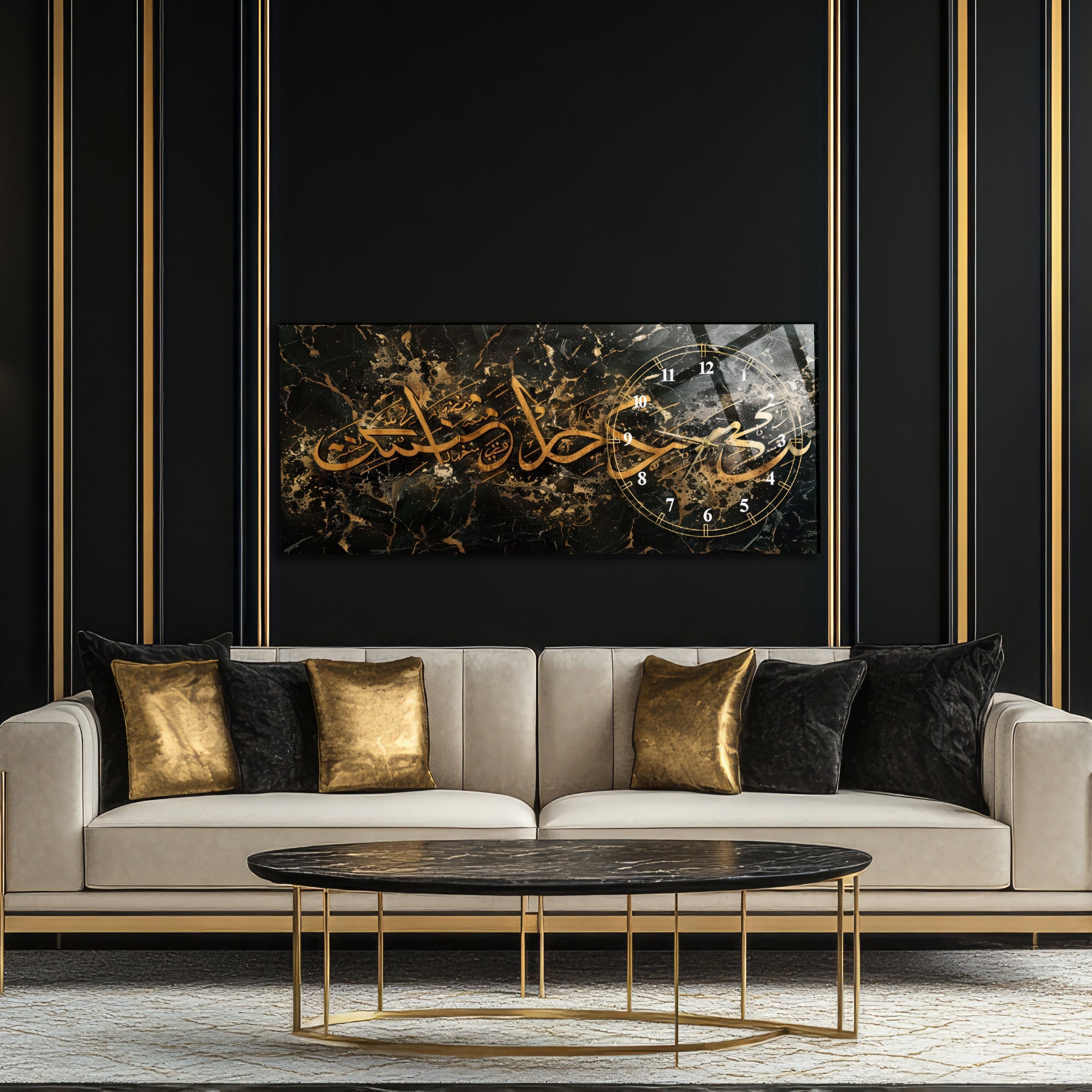Temperli Cam İslami Duvar Saati – MâşâAllah Hat Sanatı, Siyah Gold Mermer Tasarım