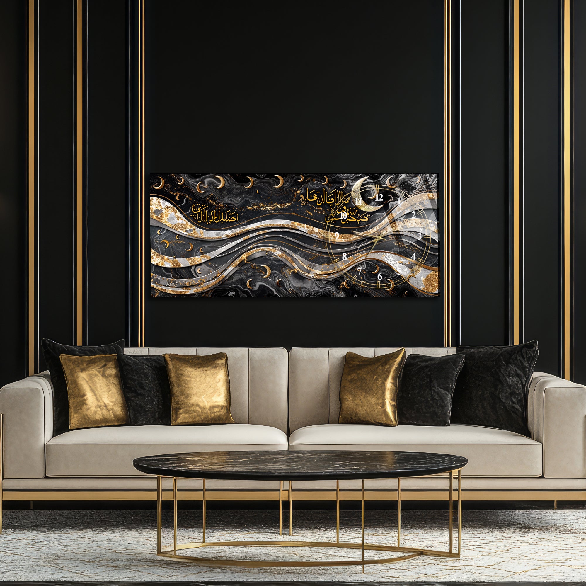 Temperli Cam İslami Duvar Saati – İnne Me’al Usri Yusrâ Ayeti, Siyah Gold Dalgalı Mermer Tasarım