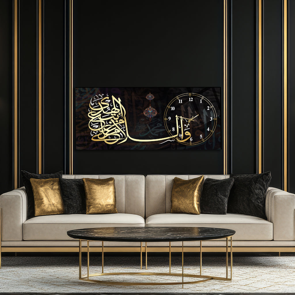 Temperli Cam İslami Duvar Saati – Altın Hat Sanatı, Siyah Arka Plan Modern Tasarım