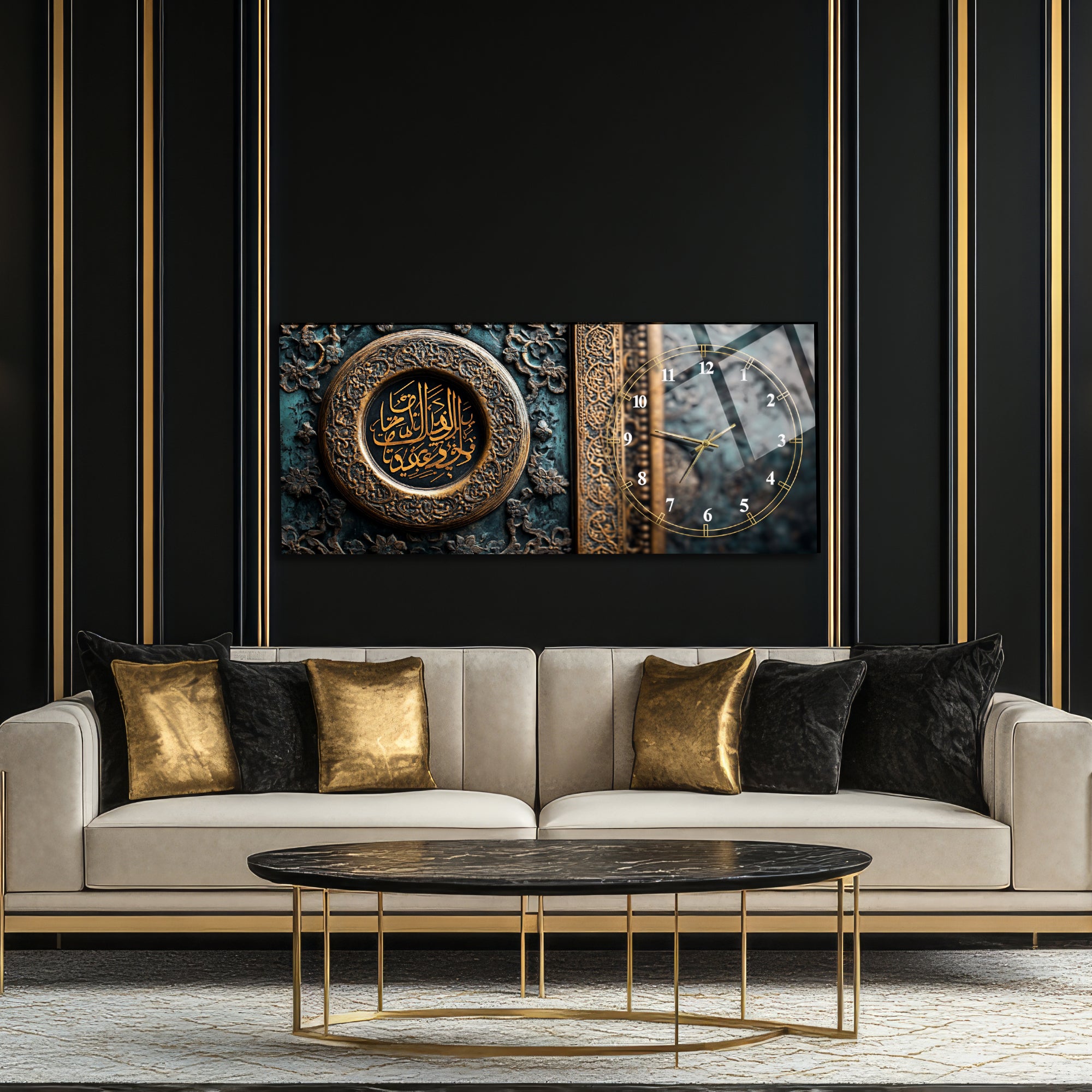 emperli Cam İslami Duvar Saati – Ni’mel Fâtihu Allahu, Ni’mel Qâidu Muhammedun Hat Sanatı