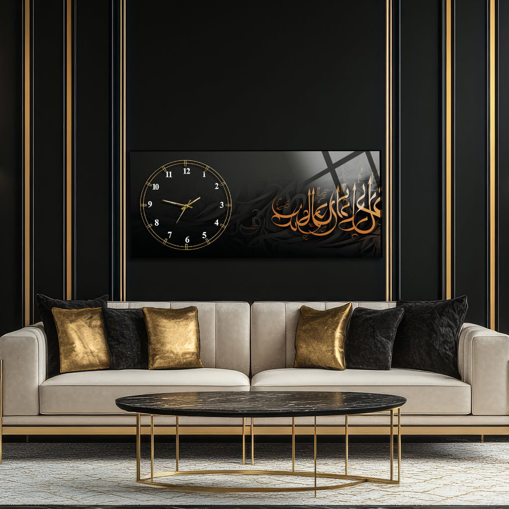 Temperli Cam İslami Duvar Saati – Kullu men ‘aleyhâ fân Hat Sanatı, Siyah Gold Modern Tasarım