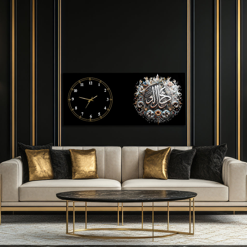 Temperli Cam İslami Duvar Saati – Kefâ Billâhi Şehîdâ Yazılı Hat Tasarımı