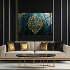 Ve Fevka Külli Zî İlmin Alîm Temperli Cam Tablo | Lüks Turkuaz Altın İslami Madalyon