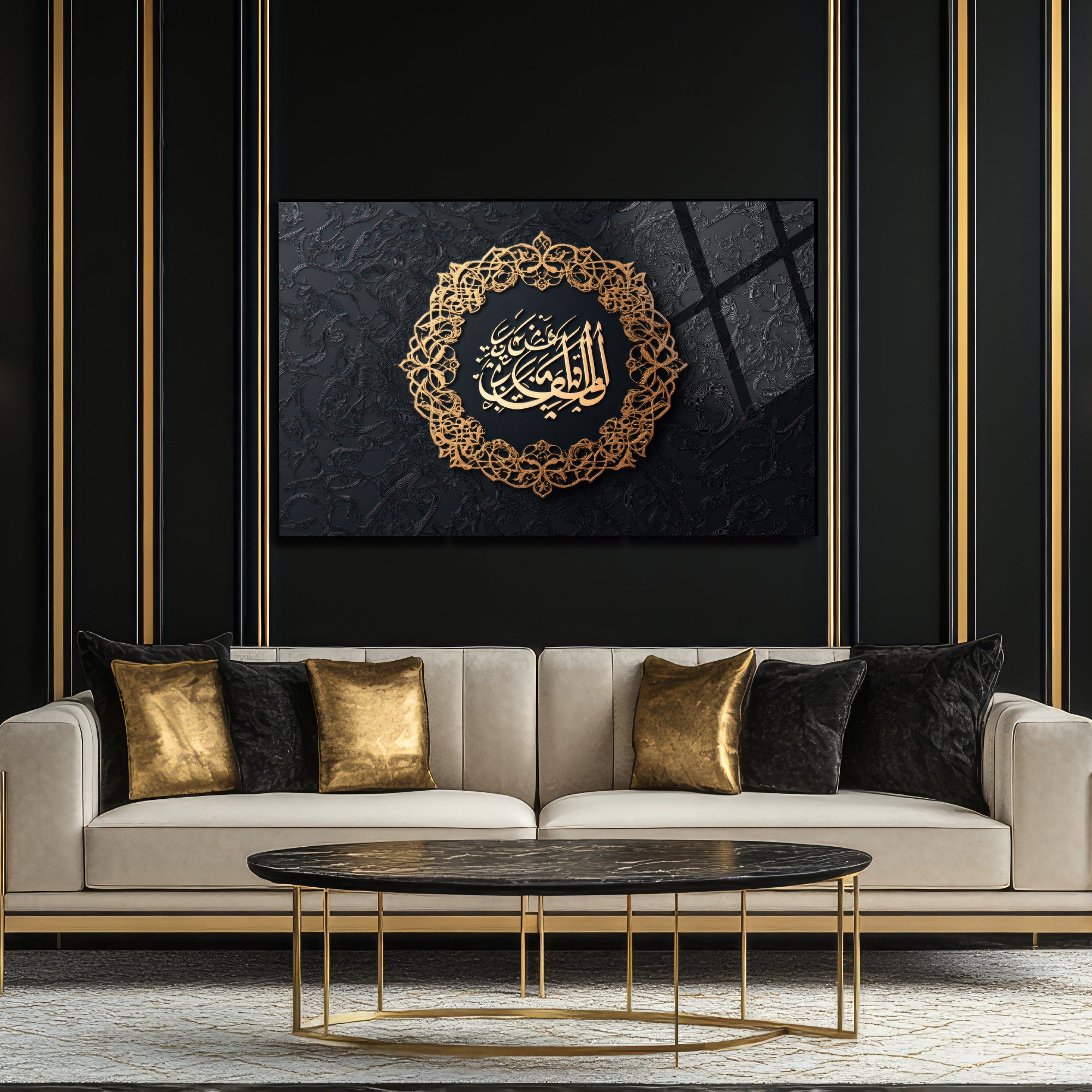 Ve Men Yetevekkel Alellâhi Temperli Cam Tablo | Lüks Siyah Altın Tevekkül Ayeti