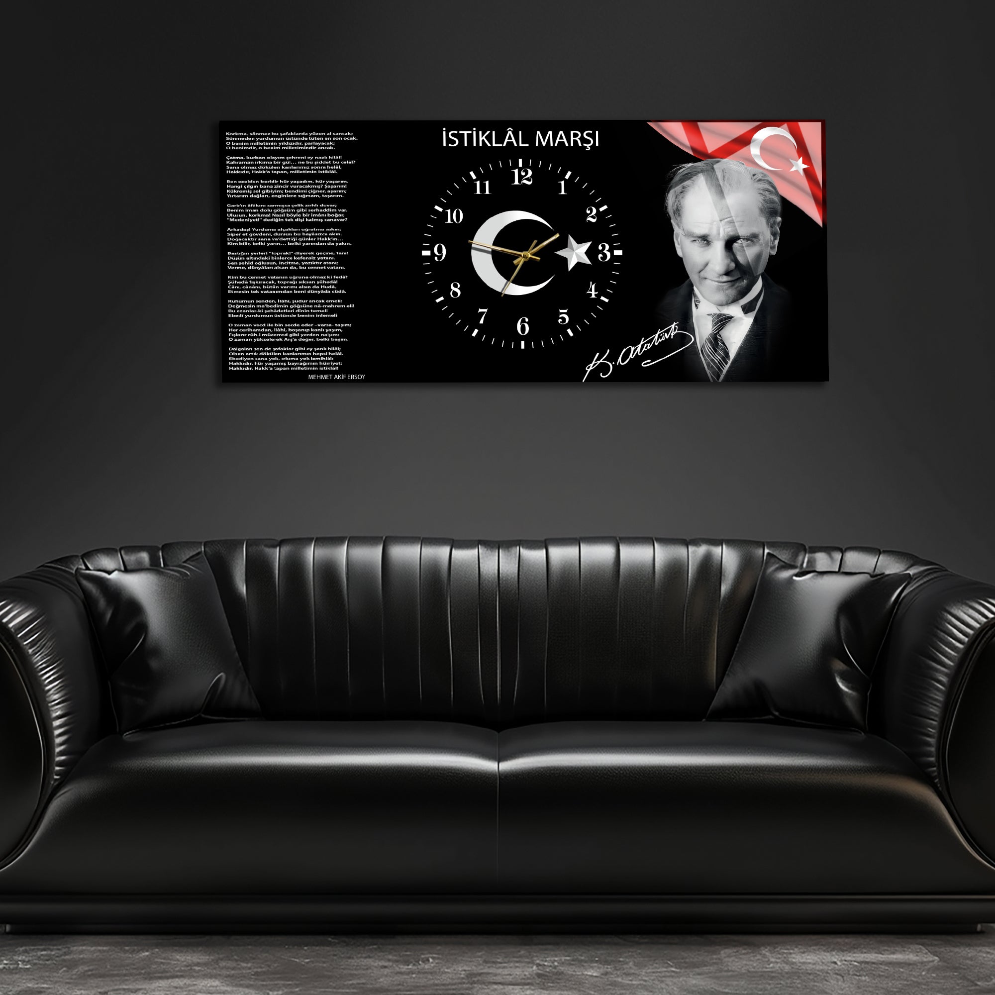Temperli Cam Saat –Atatürk Portresi  Tasarım, Premium UV Baskı Duvar Saatİ