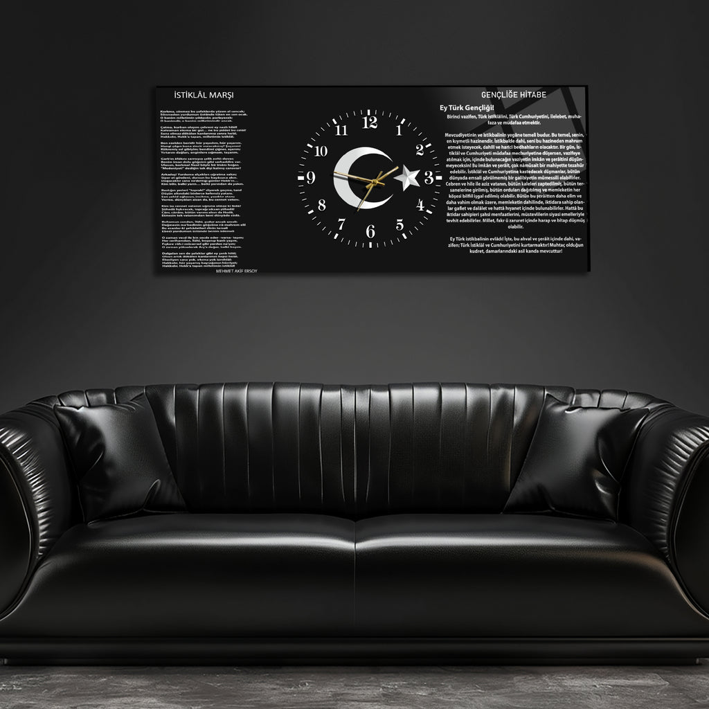 Temperli Cam Saat –Atatürk Portresi  Tasarım, Premium UV Baskı Duvar Saatİ