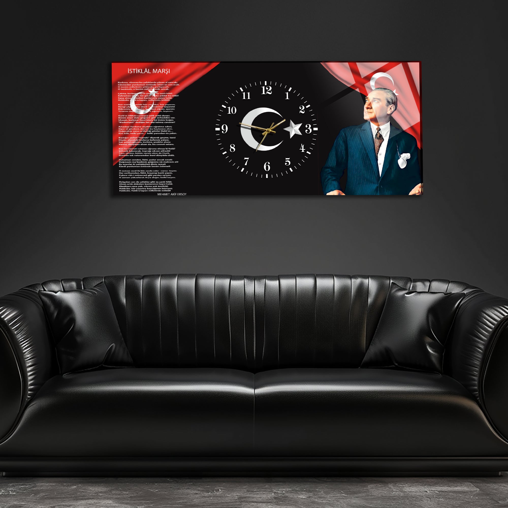 Temperli Cam Saat –Atatürk Portresi  Tasarım, Premium UV Baskı Duvar Saati
