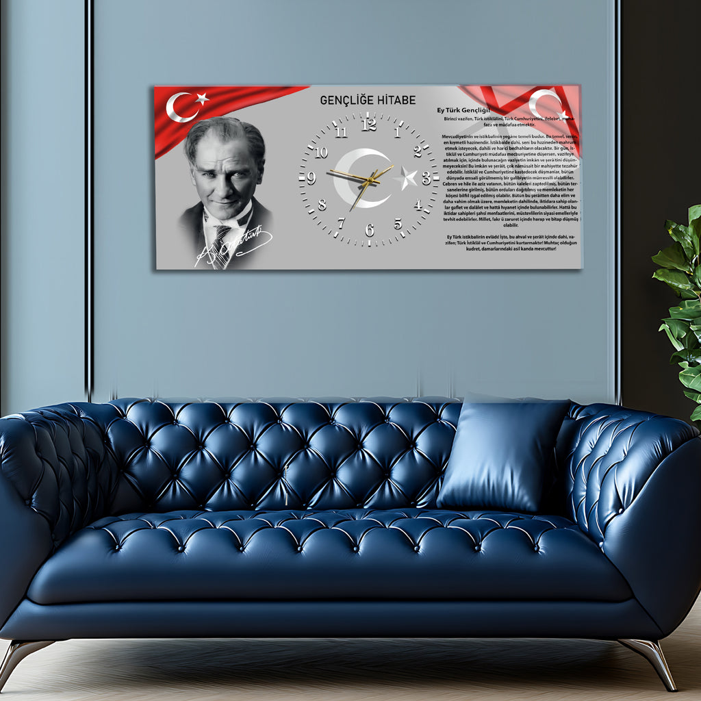 Temperli Cam Saat –Atatürk Portresi  Tasarım, Premium UV Baskı Duvar Saatİ