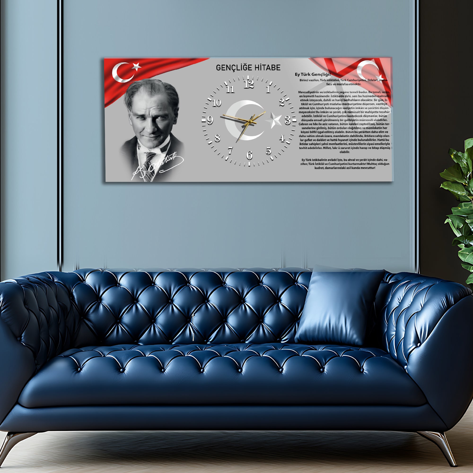 Temperli Cam Saat –Atatürk Portresi  Tasarım, Premium UV Baskı Duvar Saatİ