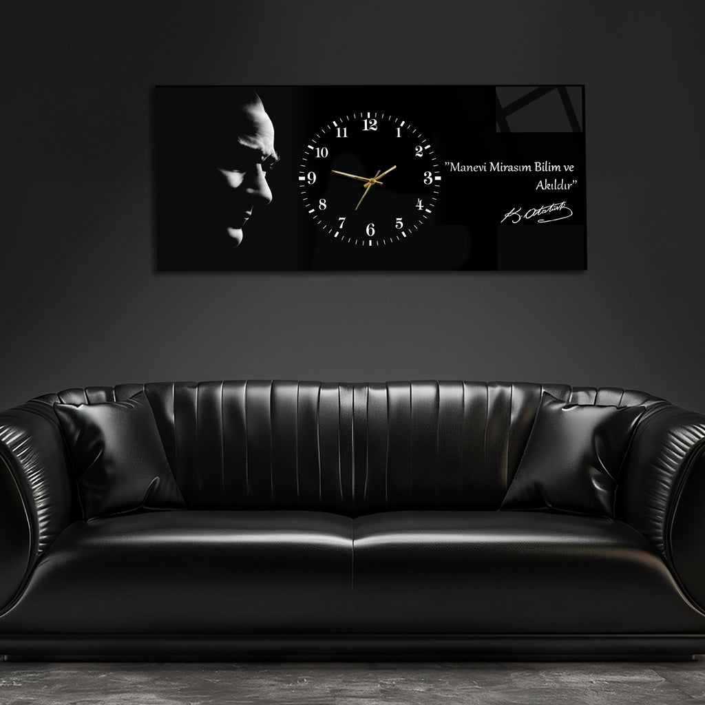 Temperli Cam Saat –Atatürk Portresi  Tasarım, Premium UV Baskı Duvar Saati