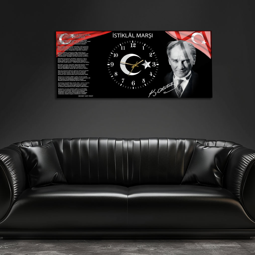 Temperli Cam Saat –Atatürk Portresi  Tasarım, Premium UV Baskı Duvar Saati