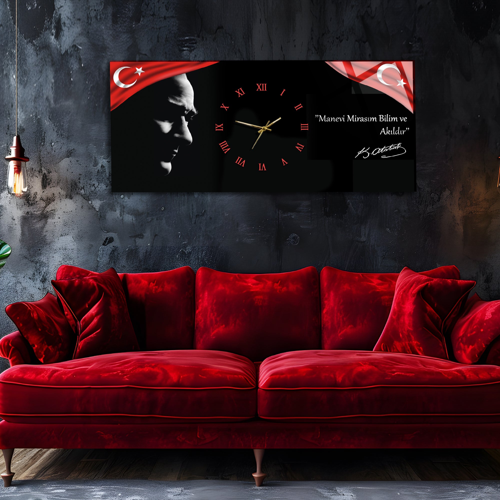 Temperli Cam Saat –Atatürk Portresi  Tasarım, Premium UV Baskı Duvar Saatİ