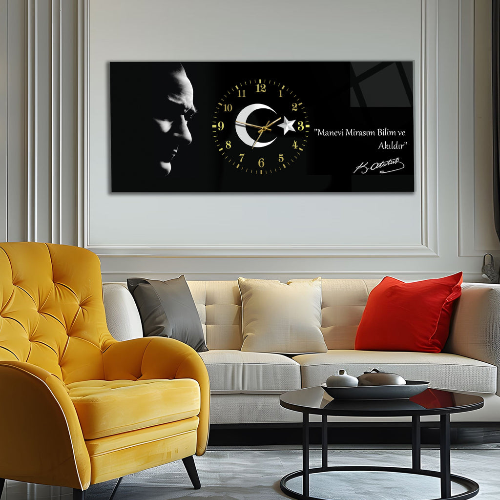 Temperli Cam Saat –Atatürk Portresi  Tasarım, Premium UV Baskı Duvar Saati