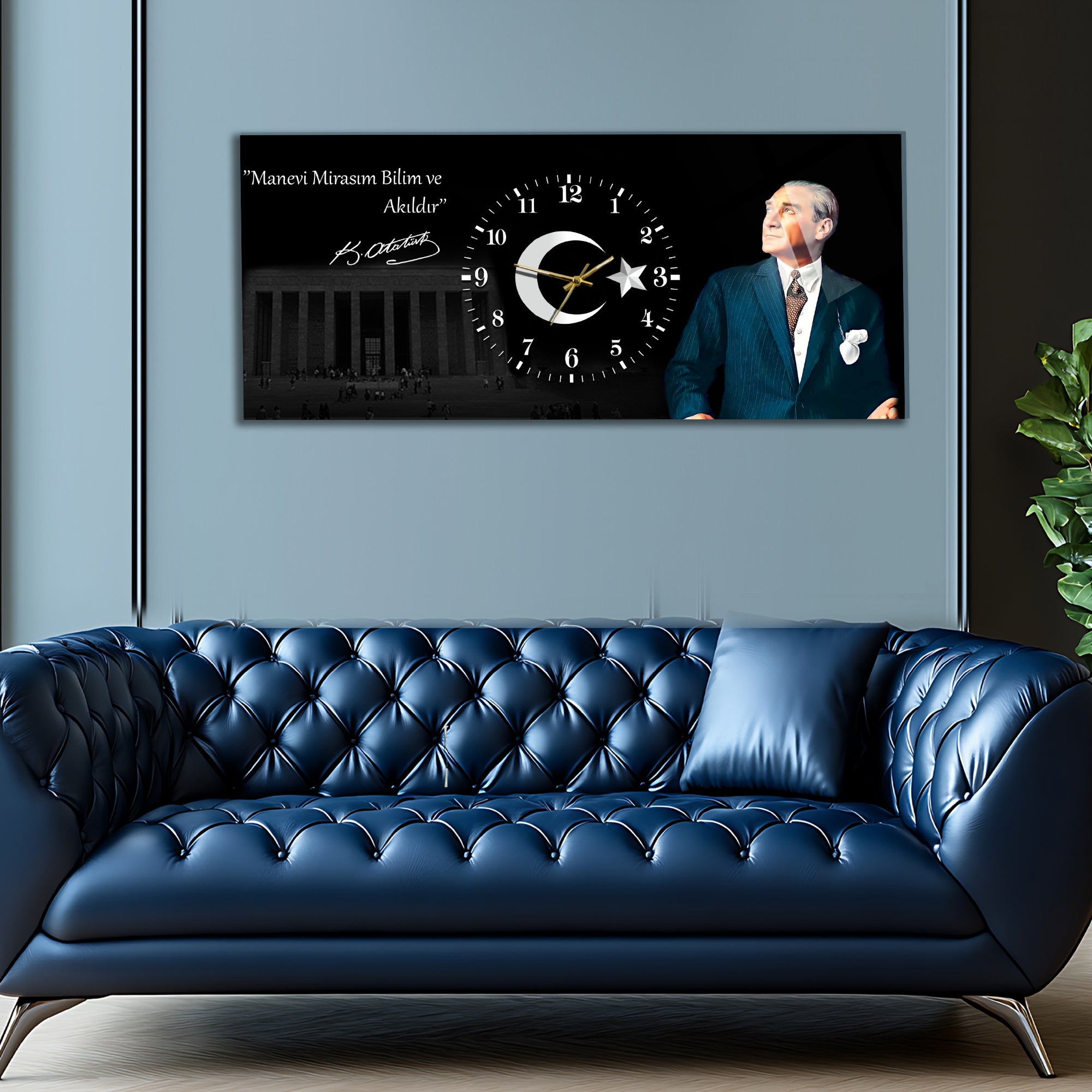 Temperli Cam Saat –Atatürk Portresi  Tasarım, Premium UV Baskı Duvar Saati