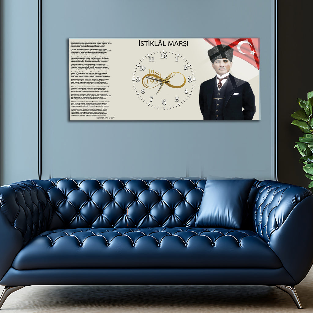 Temperli Cam Saat –Atatürk Portresi  Tasarım, Premium UV Baskı Duvar Saati