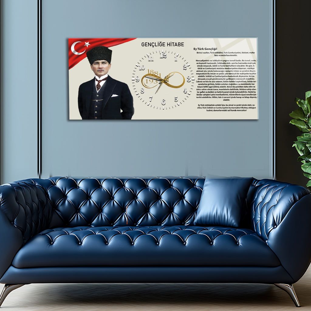 Temperli Cam Saat –Atatürk Portresi  Tasarım, Premium UV Baskı Duvar Saati