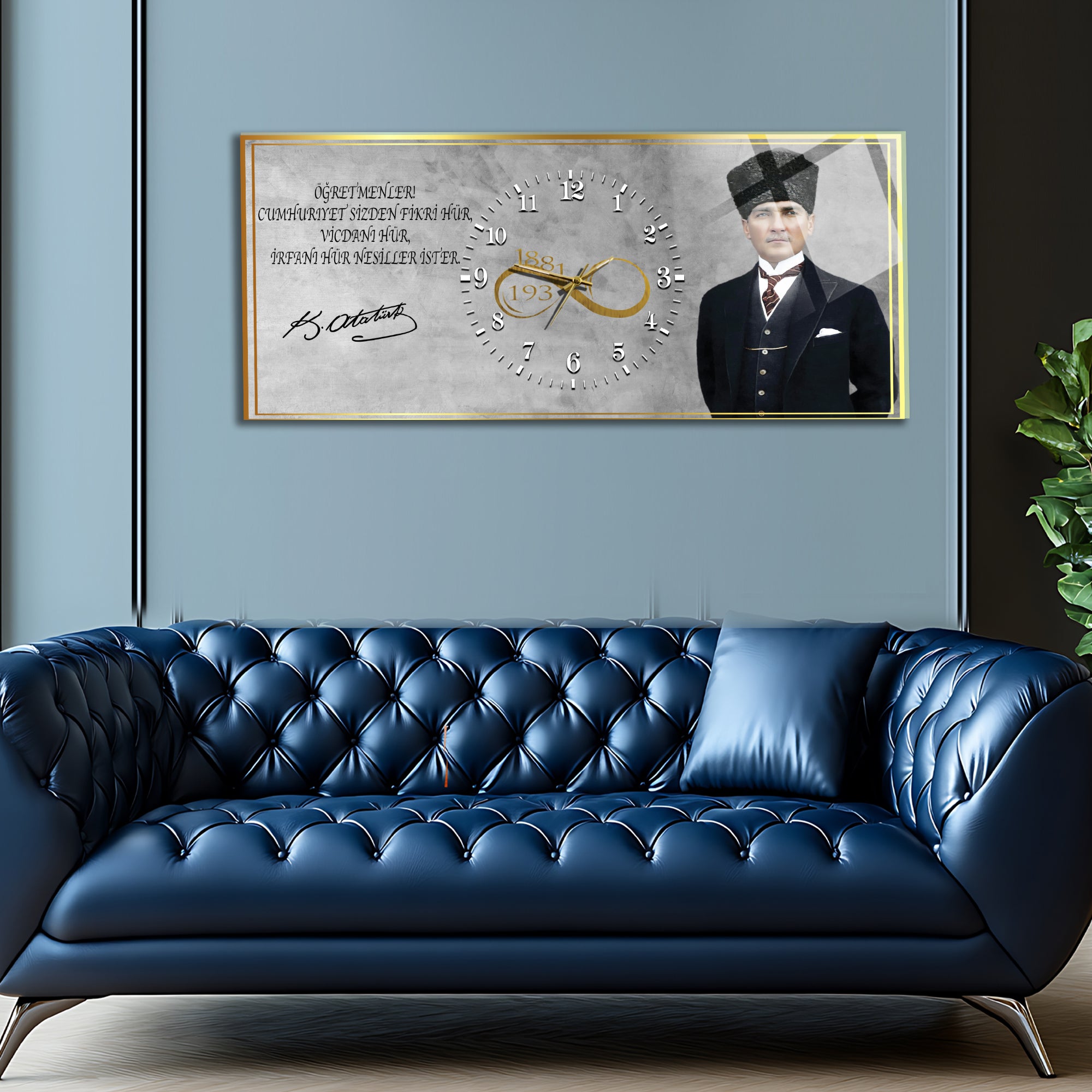 Temperli Cam Saat –Atatürk Portresi  Tasarım, Premium UV Baskı Duvar Saati