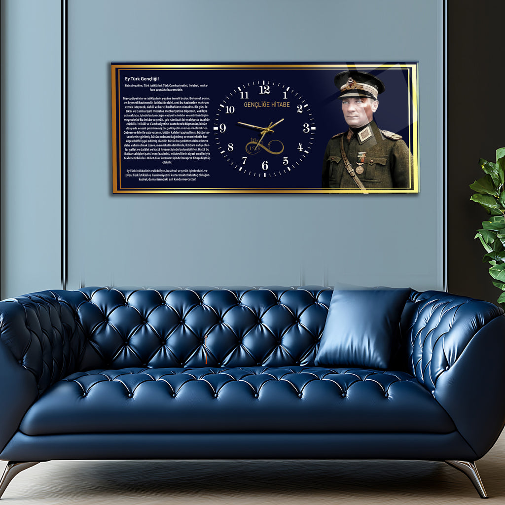 Temperli Cam Saat –Atatürk Portresi  Tasarım, Premium UV Baskı Duvar Saati