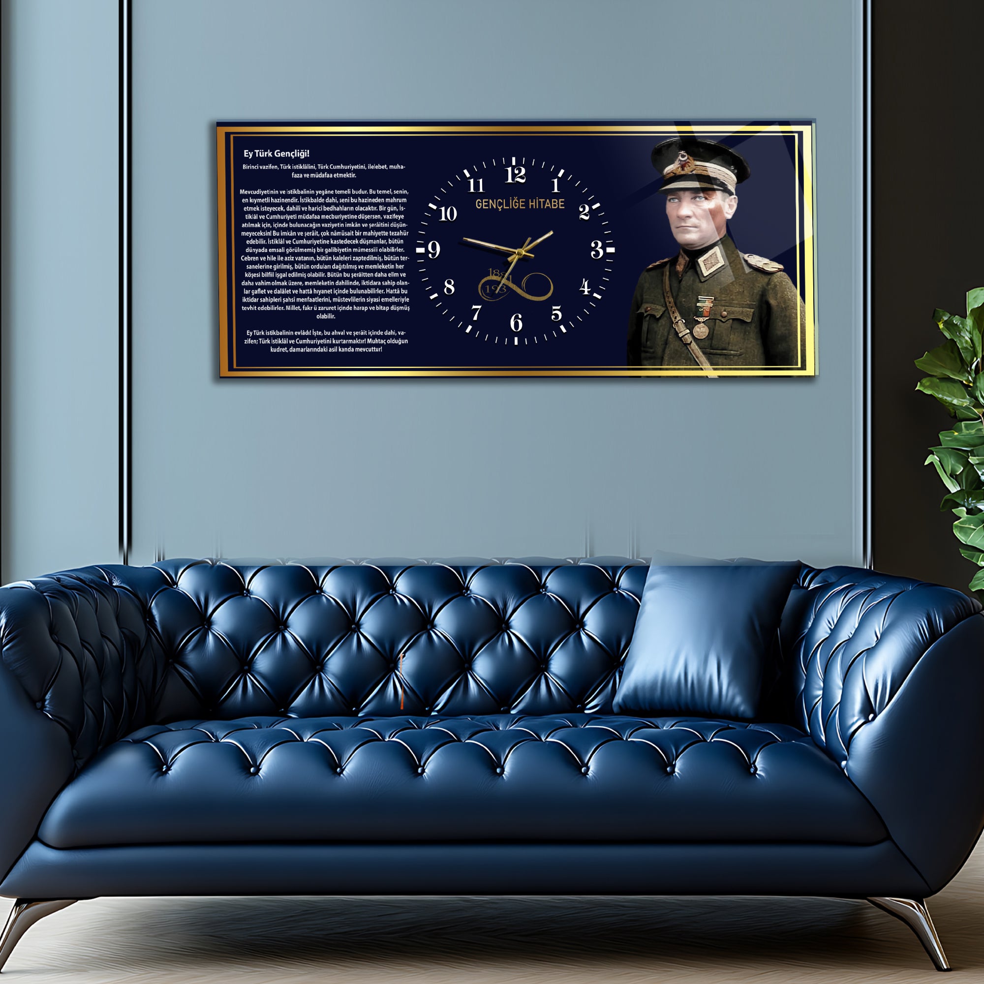 Temperli Cam Saat –Atatürk Portresi  Tasarım, Premium UV Baskı Duvar Saati