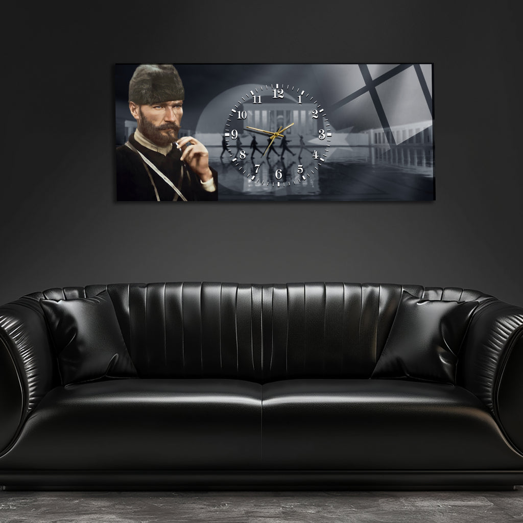 Temperli Cam Saat –Atatürk Portresi  Tasarım, Premium UV Baskı Duvar Saati