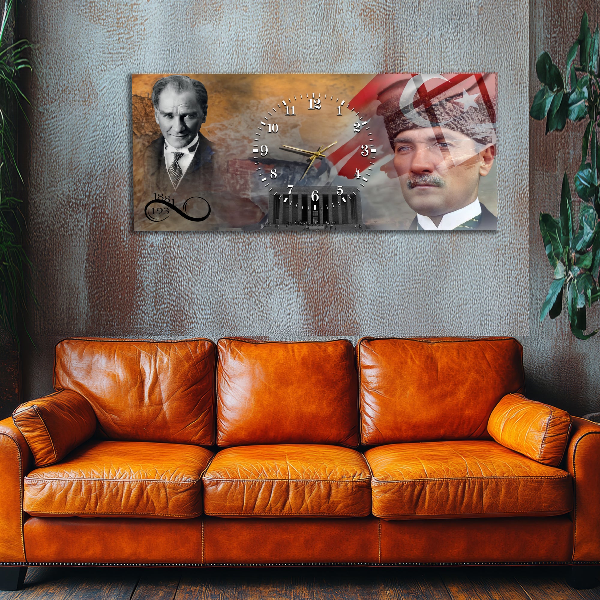 Temperli Cam Saat –Atatürk Portresi  Tasarım, Premium UV Baskı Duvar Saati