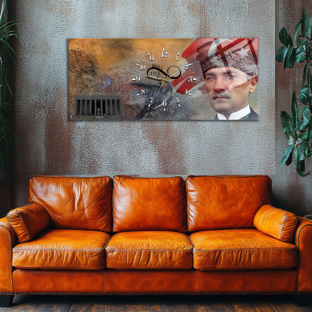 Temperli Cam Saat –Atatürk Portresi  Tasarım, Premium UV Baskı Duvar Saati
