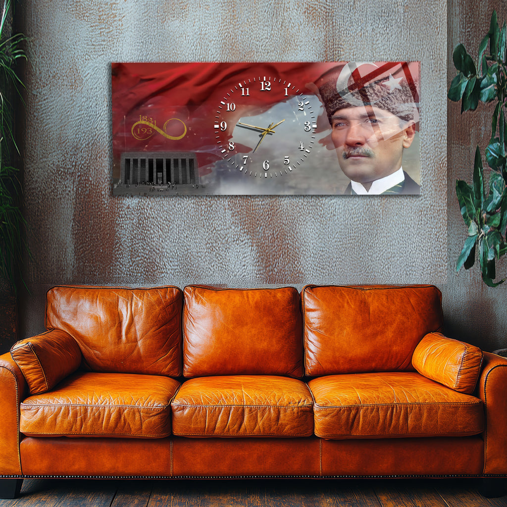 Temperli Cam Saat –Atatürk Portresi  Tasarım, Premium UV Baskı Duvar Saati