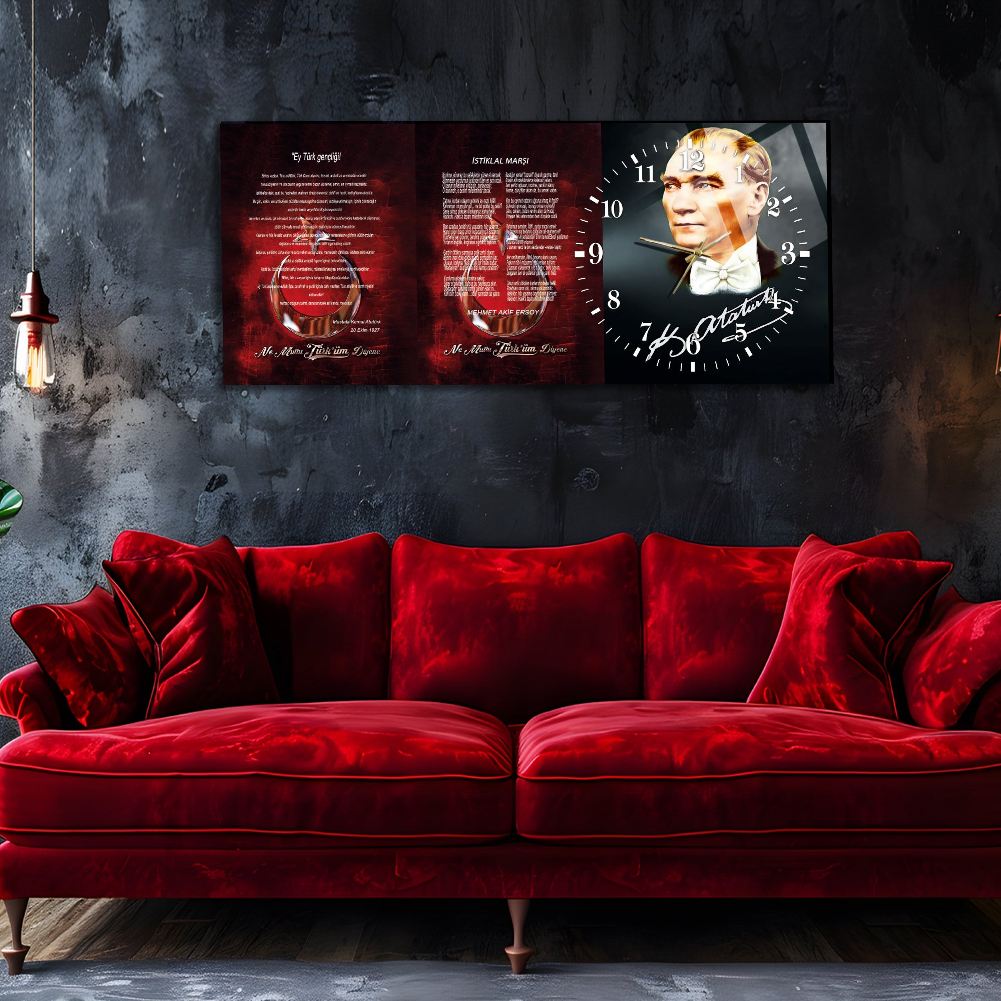 Temperli Cam Saat –Atatürk Portresi  Tasarım, Premium UV Baskı Duvar Saati