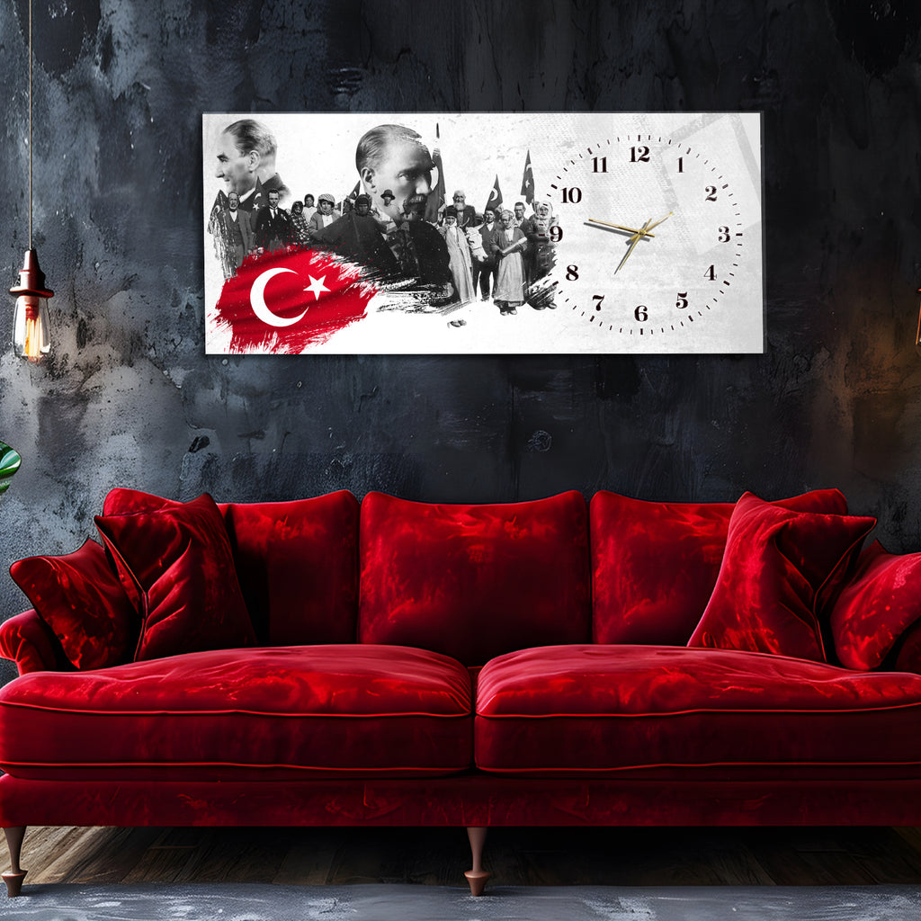 Temperli Cam Saat –Atatürk Portresi  Tasarım, Premium UV Baskı Duvar Saati