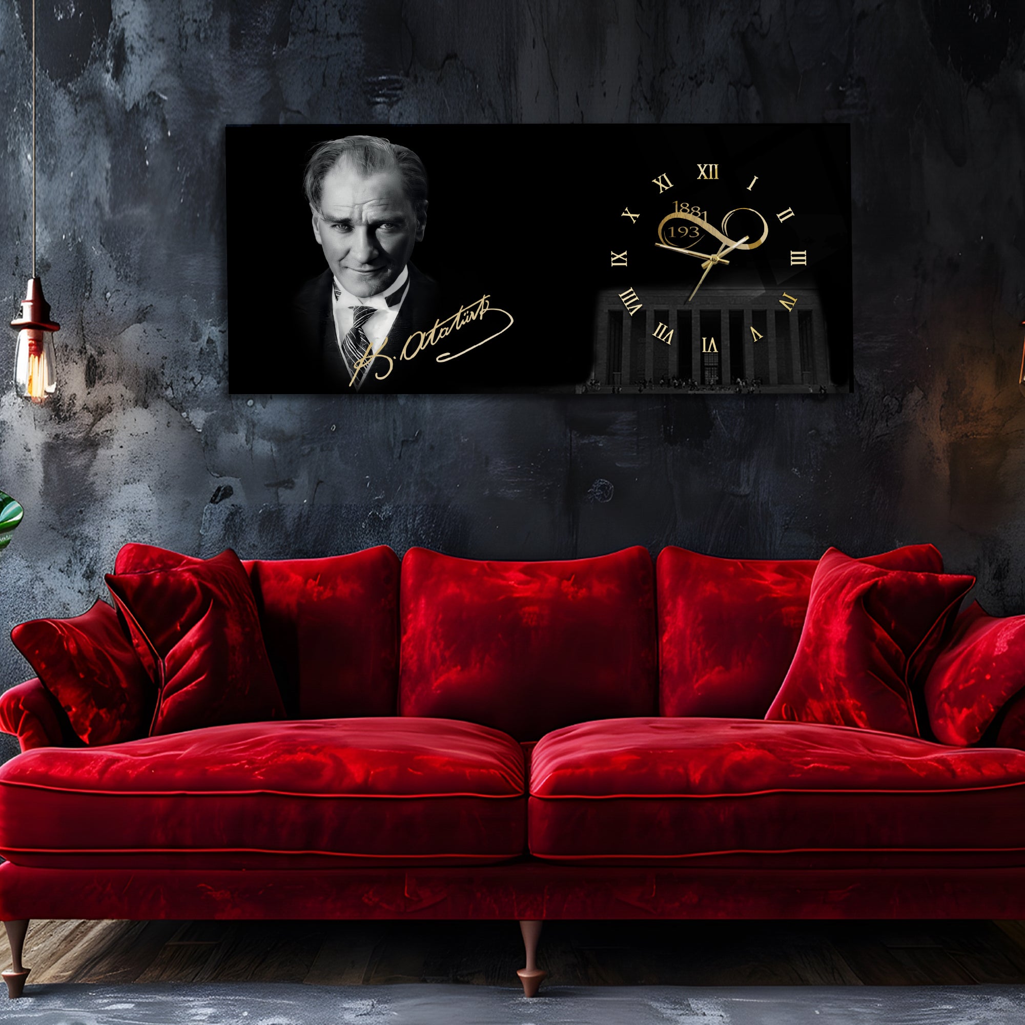 Temperli Cam Saat –Atatürk Portresi  Tasarım, Premium UV Baskı Duvar Saati