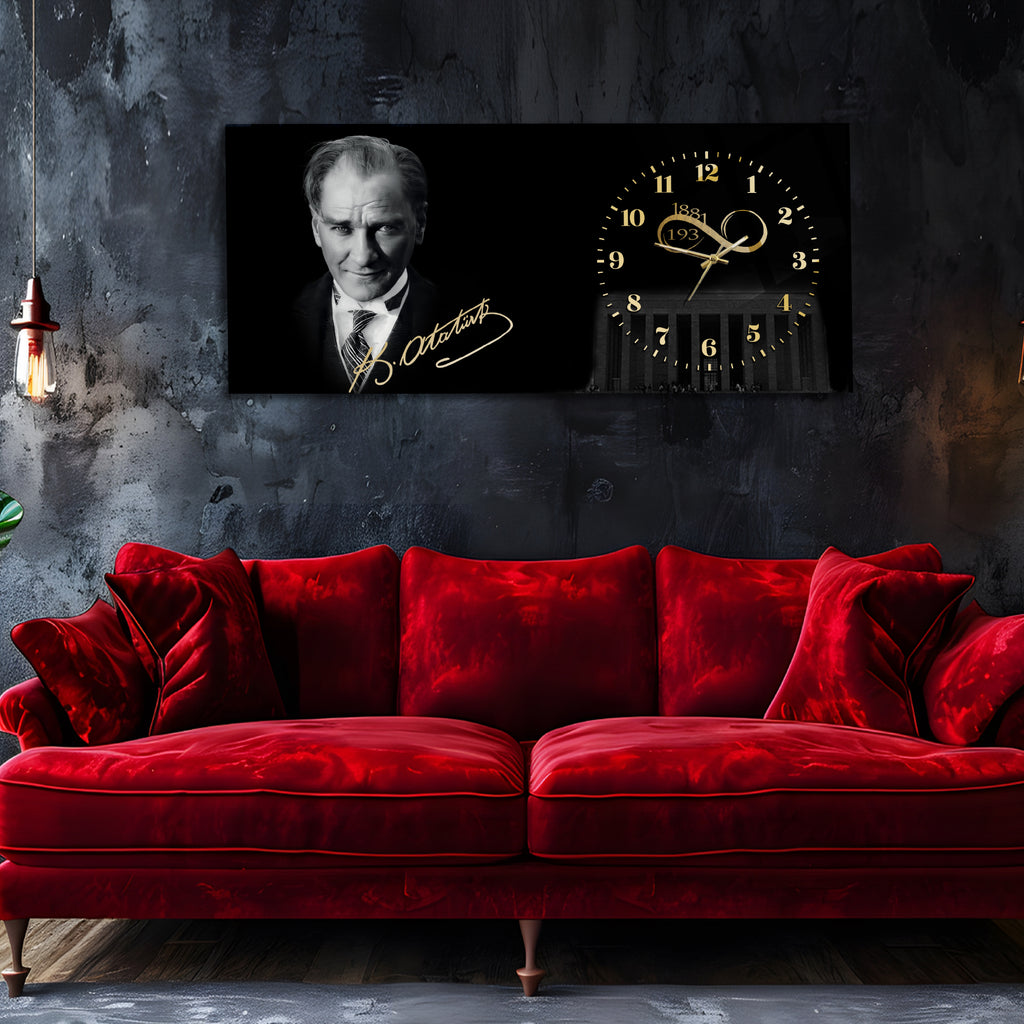 Temperli Cam Saat –Atatürk Portresi  Tasarım, Premium UV Baskı Duvar Saati