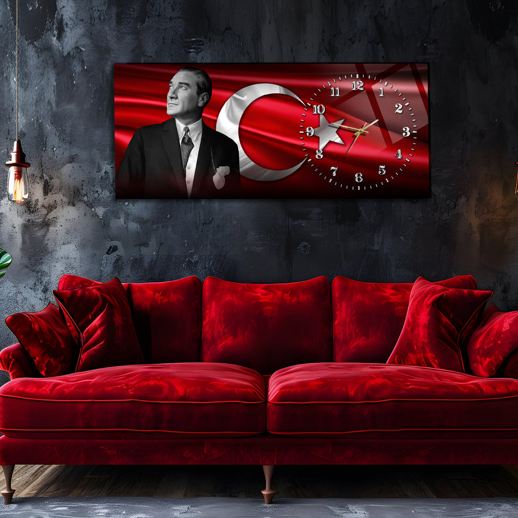 Temperli Cam Saat –Atatürk Portresi  Tasarım, Premium UV Baskı Duvar Saatİ