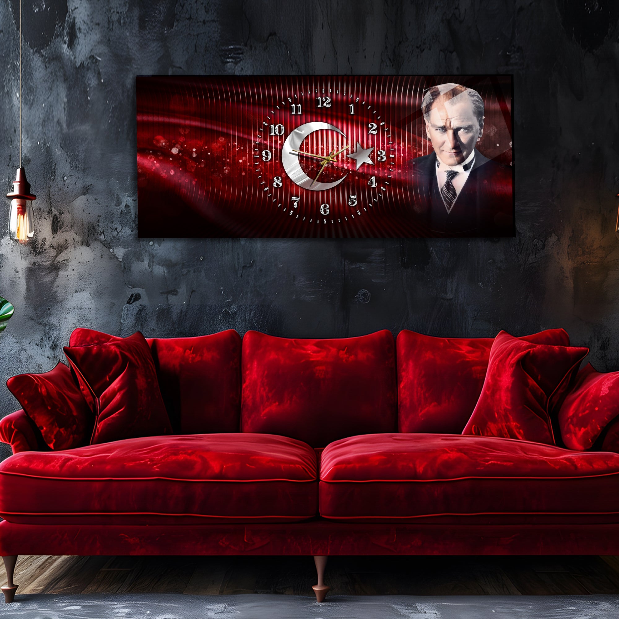 Temperli Cam Saat –Atatürk Portresi  Tasarım, Premium UV Baskı Duvar Saatİ