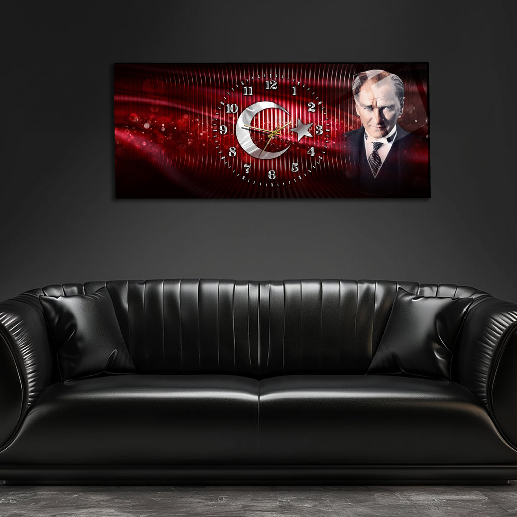 Temperli Cam Saat –Atatürk Portresi  Tasarım, Premium UV Baskı Duvar Saatİ