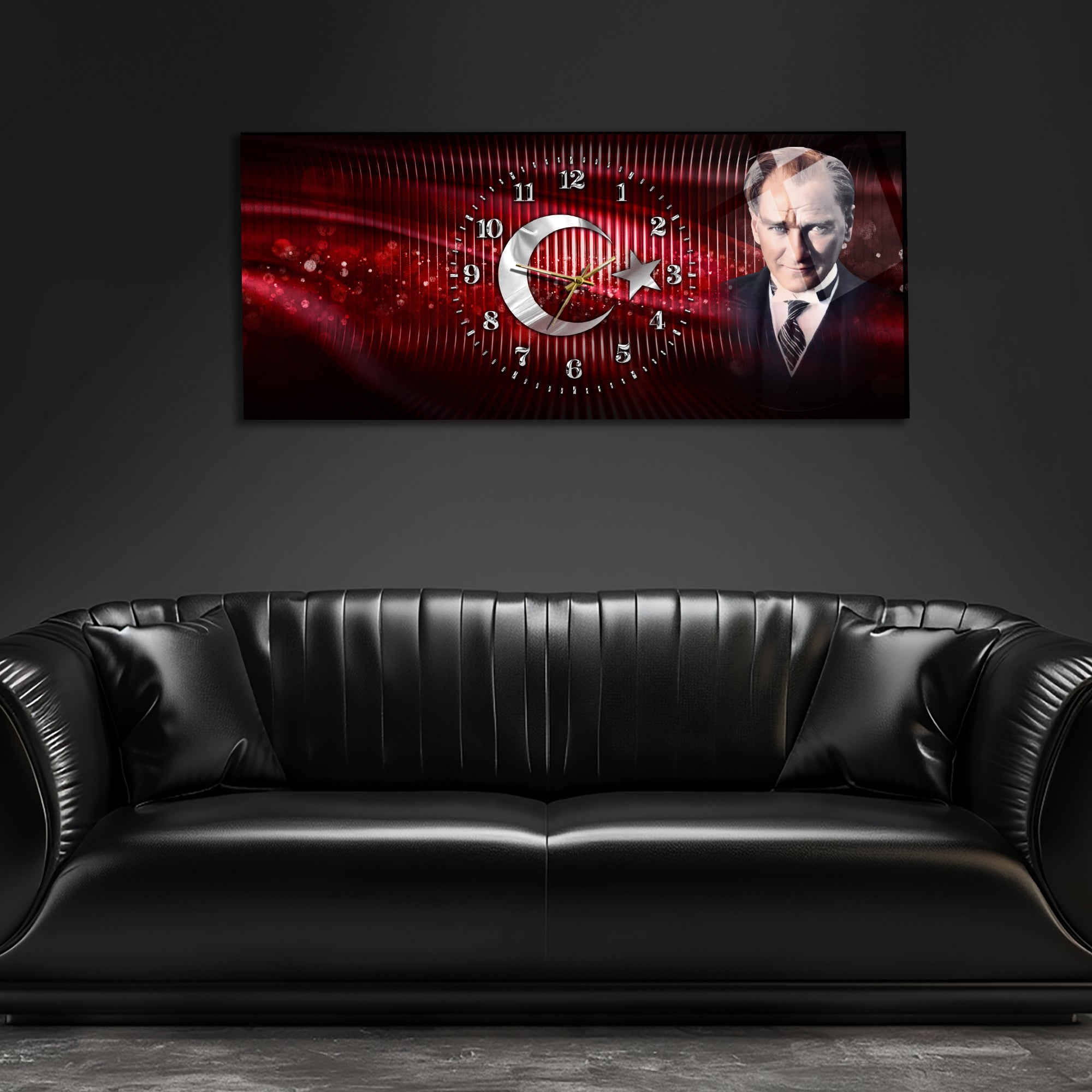 Temperli Cam Saat –Atatürk Portresi  Tasarım, Premium UV Baskı Duvar Saatİ
