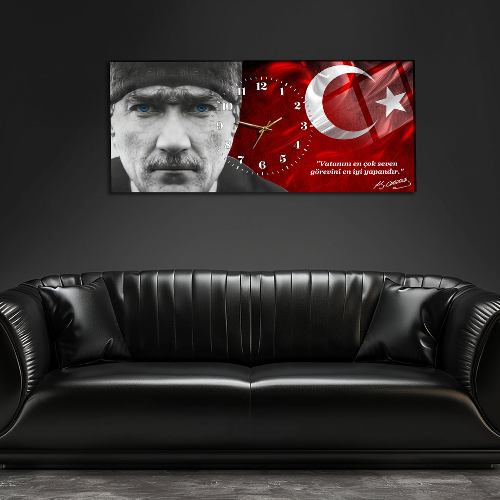 Temperli Cam Saat –Atatürk Portresi  Tasarım, Premium UV Baskı Duvar Saati