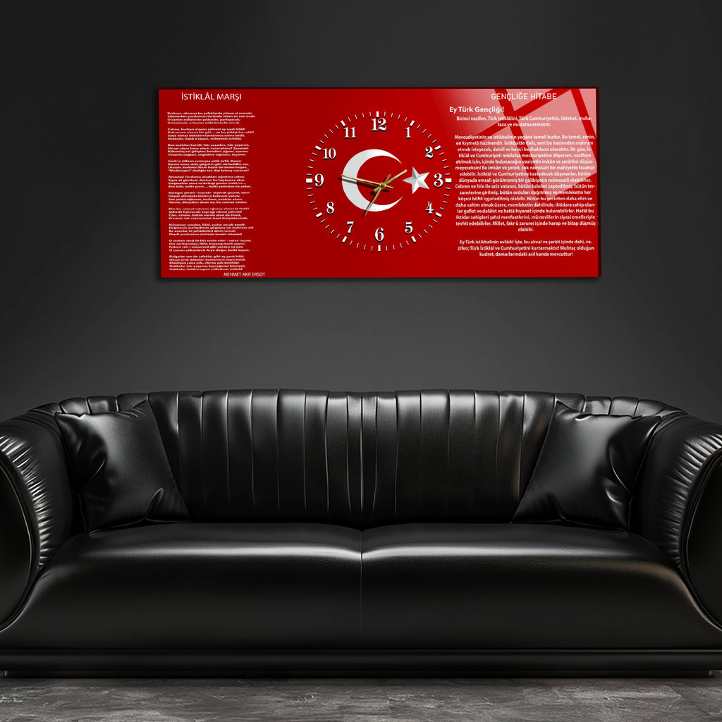 Saatli Temperli Cam Saat –Atatürk Portresi  Tasarım, Premium UV Baskı Duvar Saati (Kopya)