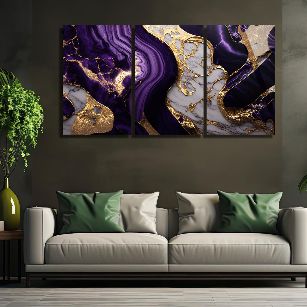 3 Parçalı Temperli Cam Duvar Tablosu Mermer Temalı