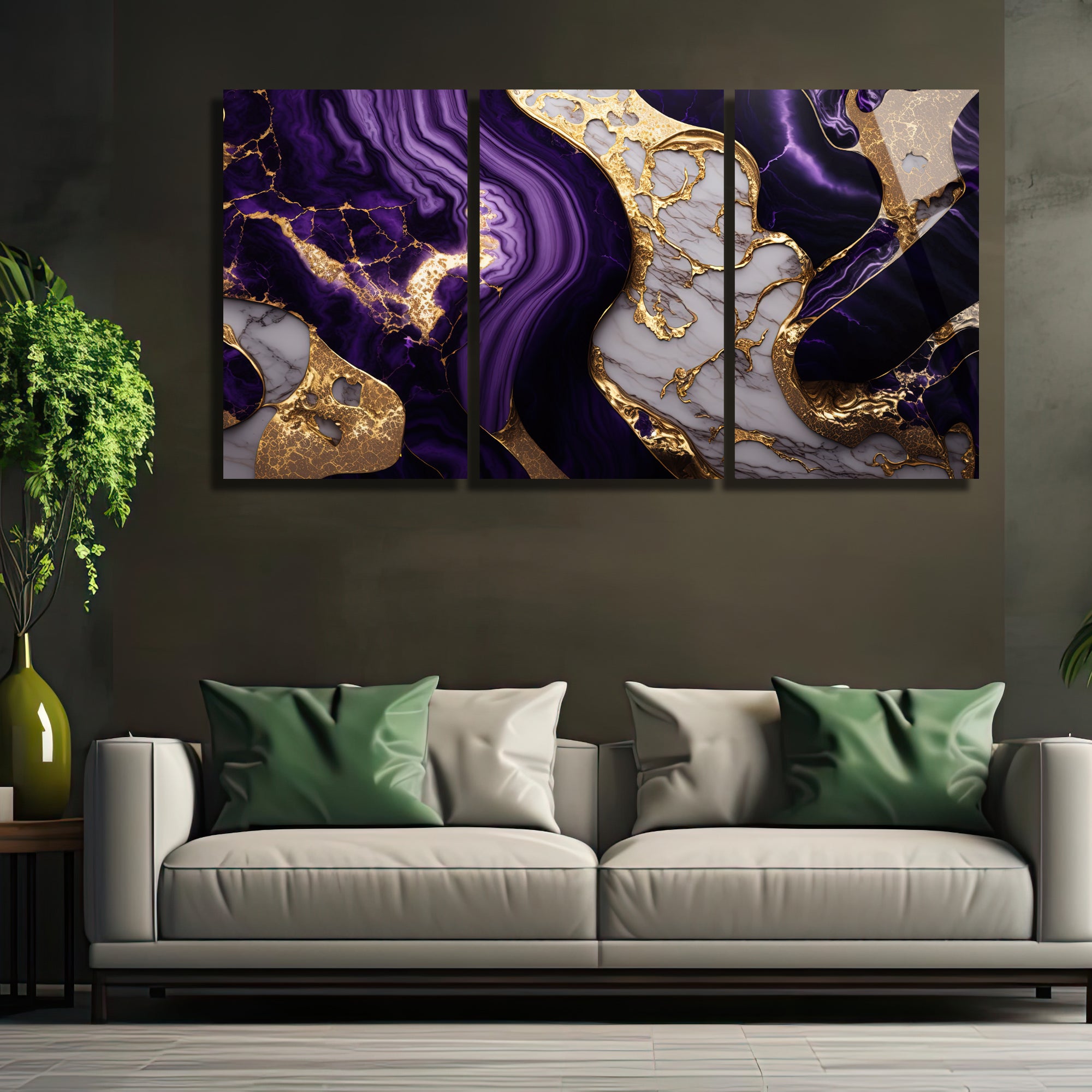 3 Parçalı Temperli Cam Duvar Tablosu Mermer Temalı