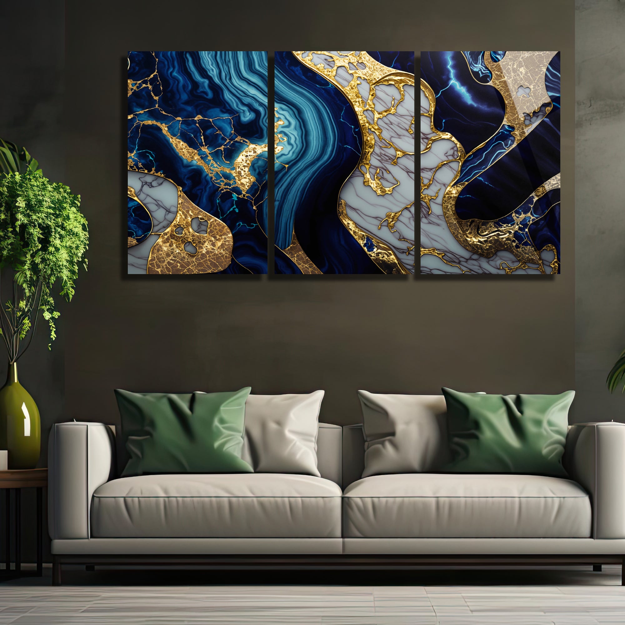 3 Parçalı Temperli Cam Duvar Tablosu Mermer Temalı