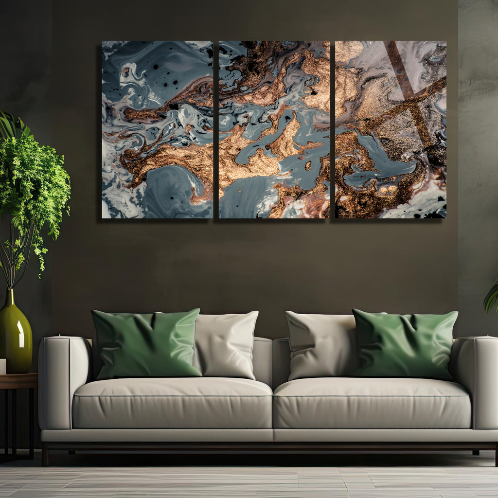3 Parçalı Temperli Cam Duvar Tablosu Mermer Temalı