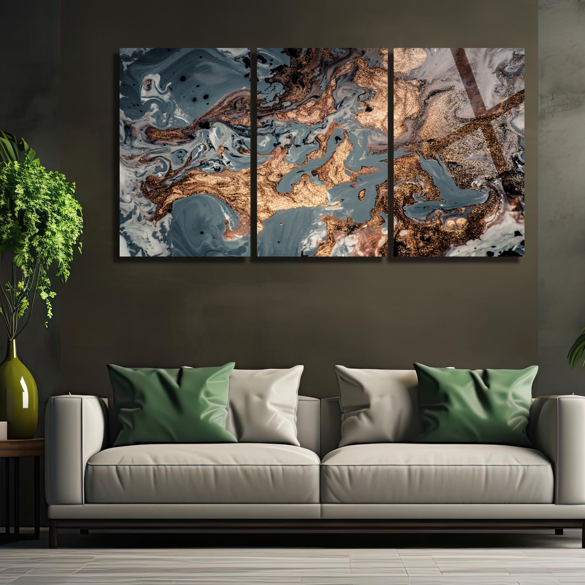 3 Parçalı Temperli Cam Duvar Tablosu Mermer Temalı