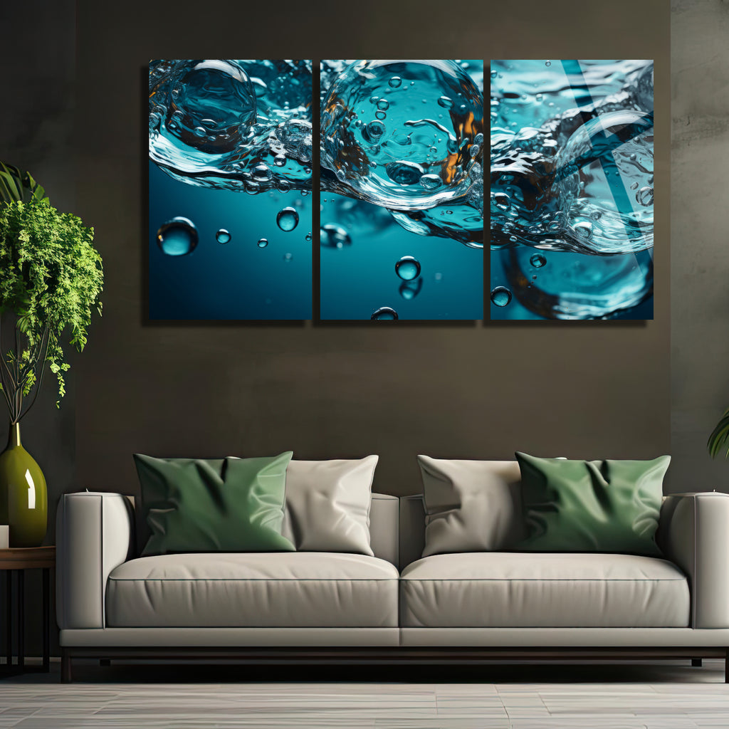 3 Parçalı Temperli Cam Duvar Tablosu Su Temalı