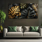 3 Parçalı Temperli Cam Duvar Tablosu Altın ve Siyah Yapraklar