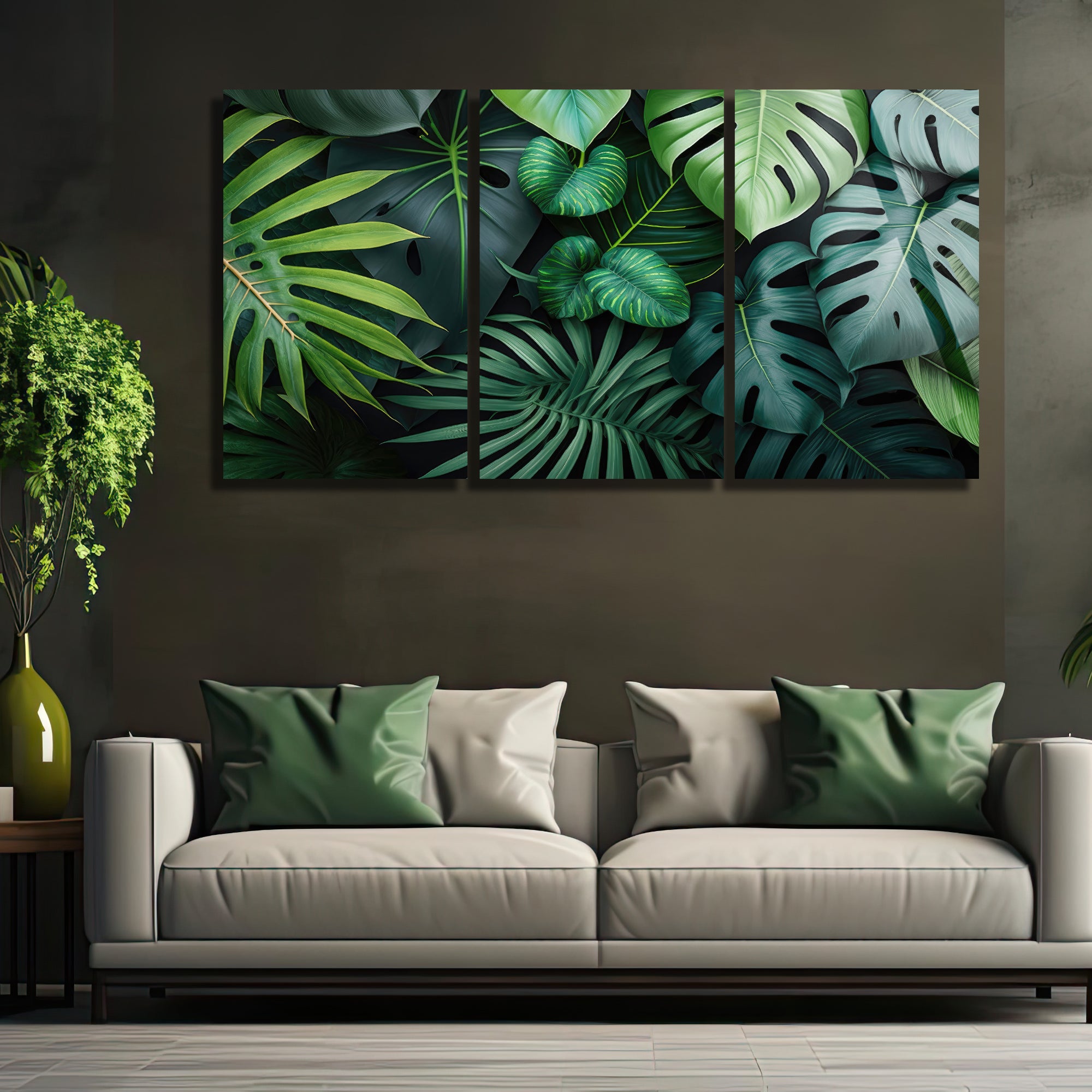 3 Parçalı Temperli Cam Duvar Tablosu Yaprak