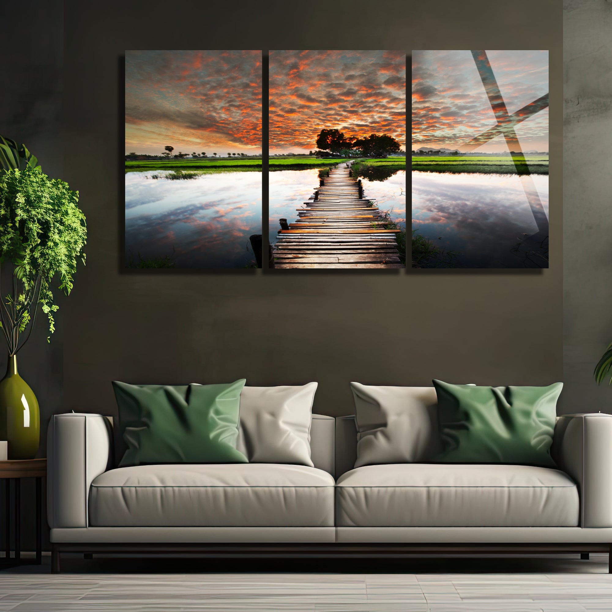 3 Parçalı Temperli Cam Duvar Tablosu Göl Ve İskele