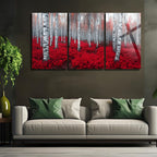 3 Parçalı Temperli Cam Duvar Tablosu Kırmızı Orman