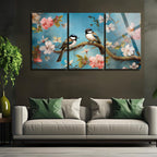 3 Parçalı Temperli Cam Duvar Tablosu Renkli Kuşlar